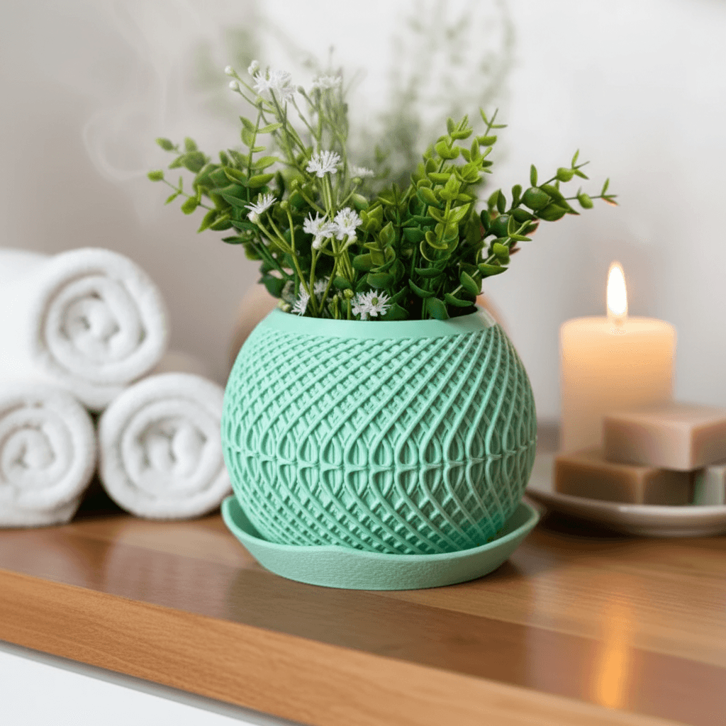 Vaso verde água com folhagens sobre bancada de madeira