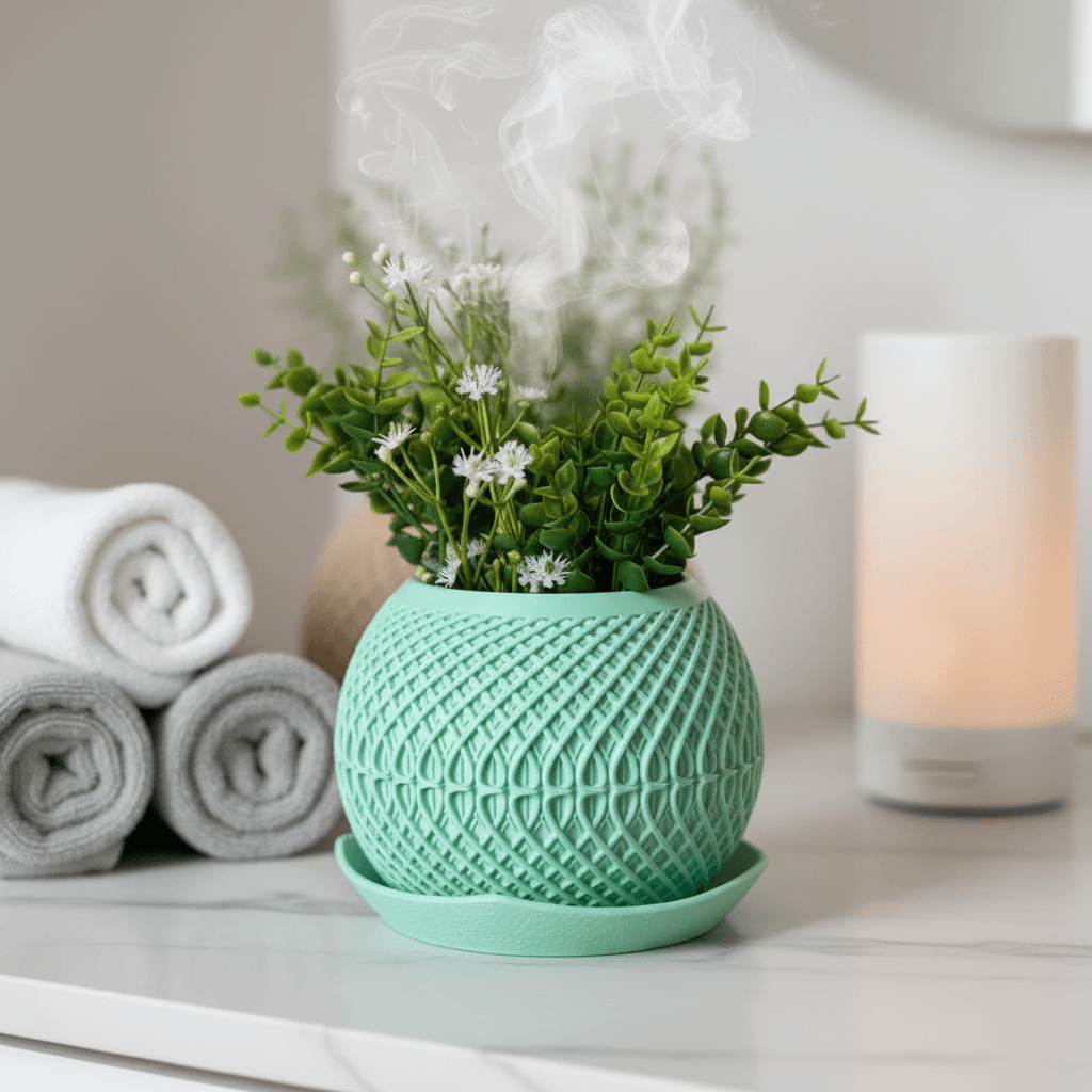 Vaso decorativo verde-água em bancada iluminada