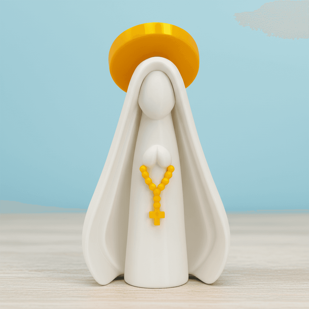 Escultura religiosa minimalista em cenário escuro