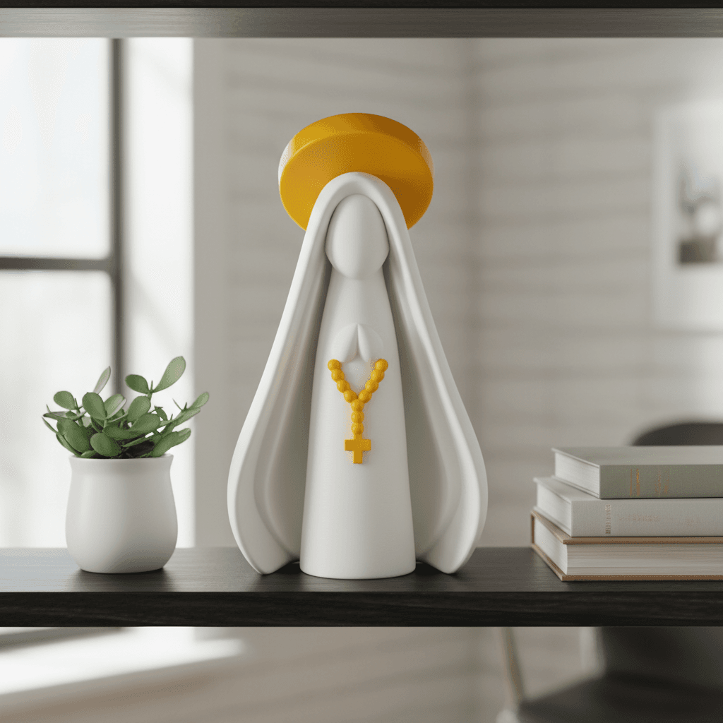 Escultura dourada sobre base clara com fundo neutro